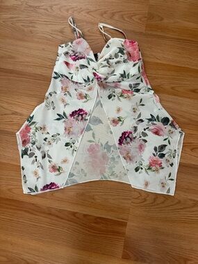 Princess Polly White Floral Mesh Cami with Pink Roses and Green Leaves